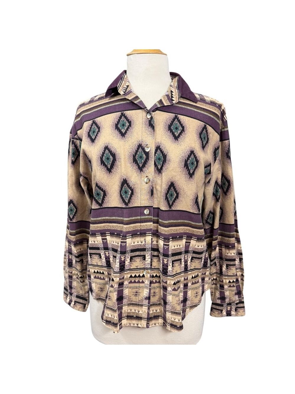 Roughrider by Circle T Vintage Southwest Button Front Shirt Purple Tan Geometric